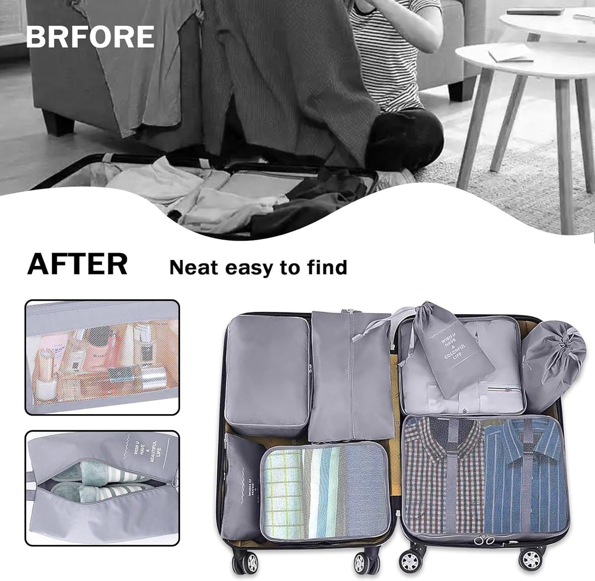 Packing Cubes 8 Set Travel Essentials for Carry on Luggage Organizers Bag Packing Cubes for Suitcases Travel Accessories (Beige)