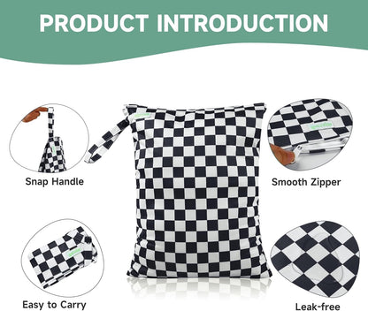 Wet Dry Bag for Baby Swimsuit, Small Wet Dry Bag for Clothes Diaper and Breast Pump Parts, Large Baby bag for Travel,Gym Clothes,Beach,Pool,Extra Clothes (Checkerboard,3 Pack)