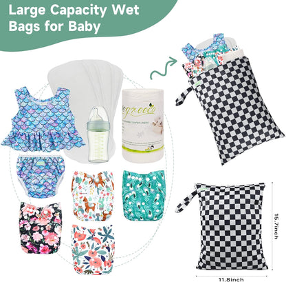 Wet Dry Bag for Baby Swimsuit, Small Wet Dry Bag for Clothes Diaper and Breast Pump Parts, Large Baby bag for Travel,Gym Clothes,Beach,Pool,Extra Clothes (Checkerboard,3 Pack)