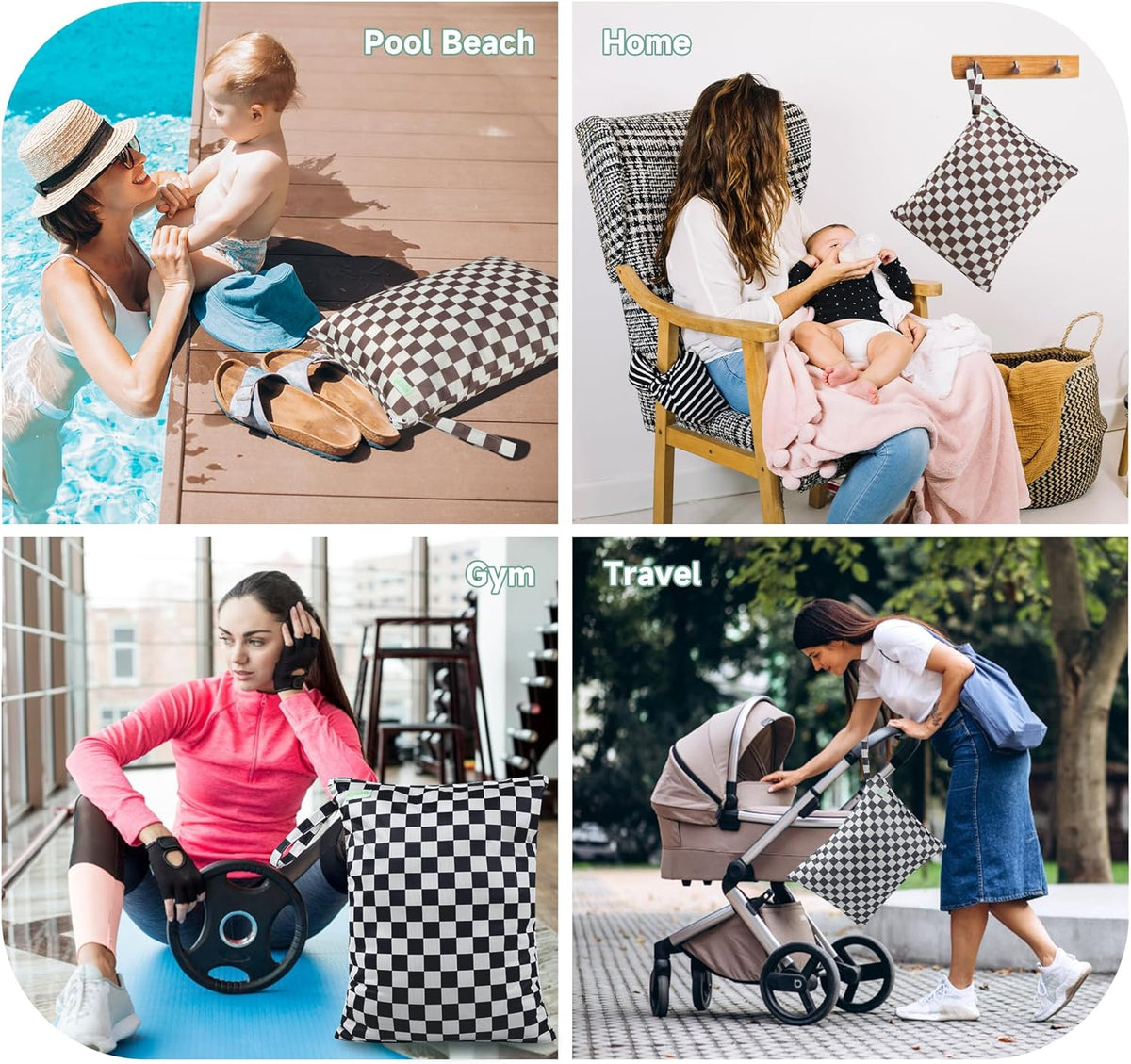 Wet Dry Bag for Baby Swimsuit, Small Wet Dry Bag for Clothes Diaper and Breast Pump Parts, Large Baby bag for Travel,Gym Clothes,Beach,Pool,Extra Clothes (Checkerboard,3 Pack)