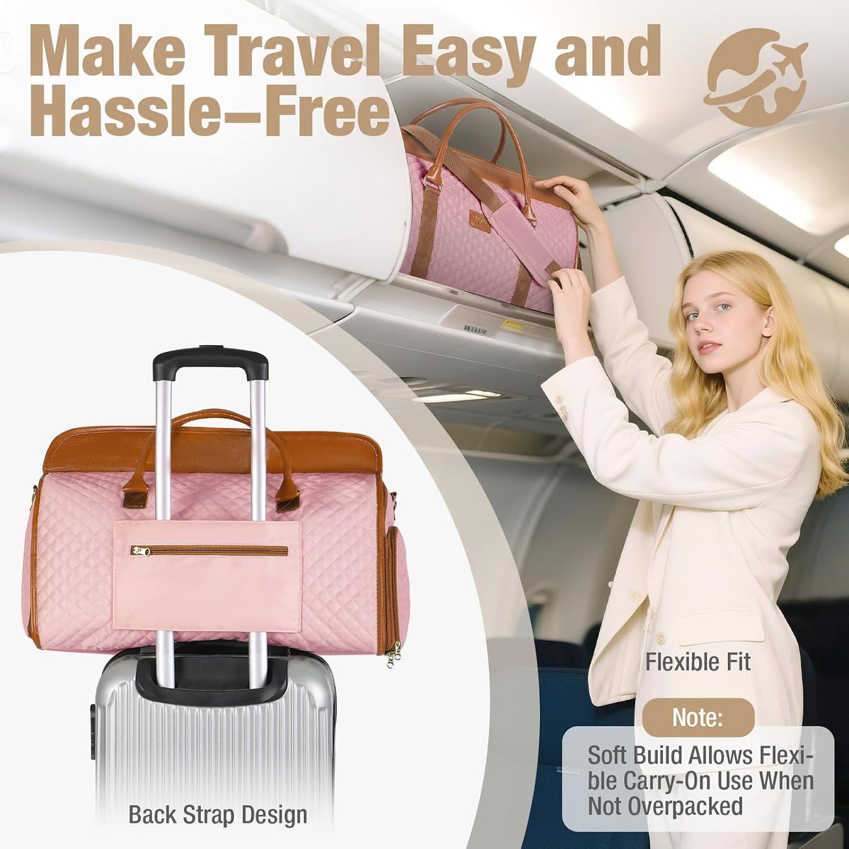 Convertible Garment Duffel Bags for Travel, Carry On Garment Bag with Shoe Compartment, 3 in 1 Foldable Suit Duffle Bag for Women, Jenni Bag for Hanging Clothes, Pink (1Pcs Set)