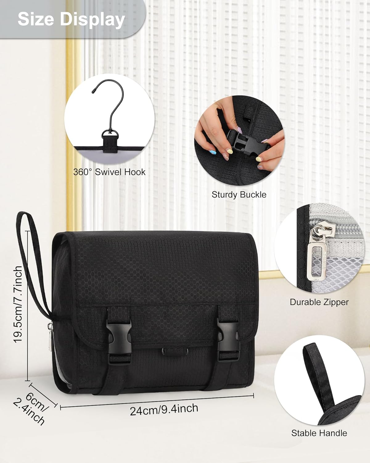 Travel Hanging Toiletry Bag for Men Women Travel Kit Shaving Bag Waterproof Large Makeup Bag Wash Bag Makeup Organizer Cosmetic Case for Bathroom Shower Black