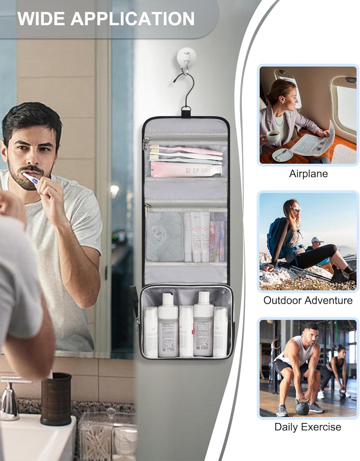 Travel Hanging Toiletry Bag for Men Women Travel Kit Shaving Bag Waterproof Large Makeup Bag Wash Bag Makeup Organizer Cosmetic Case for Bathroom Shower Black