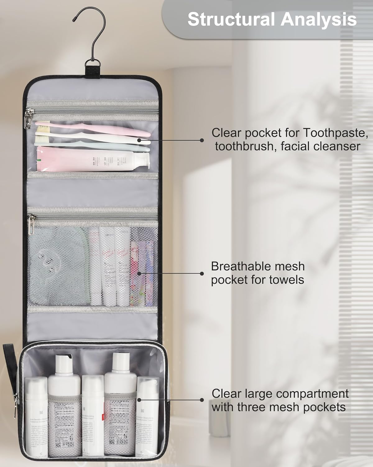 Travel Hanging Toiletry Bag for Men Women Travel Kit Shaving Bag Waterproof Large Makeup Bag Wash Bag Makeup Organizer Cosmetic Case for Bathroom Shower Black