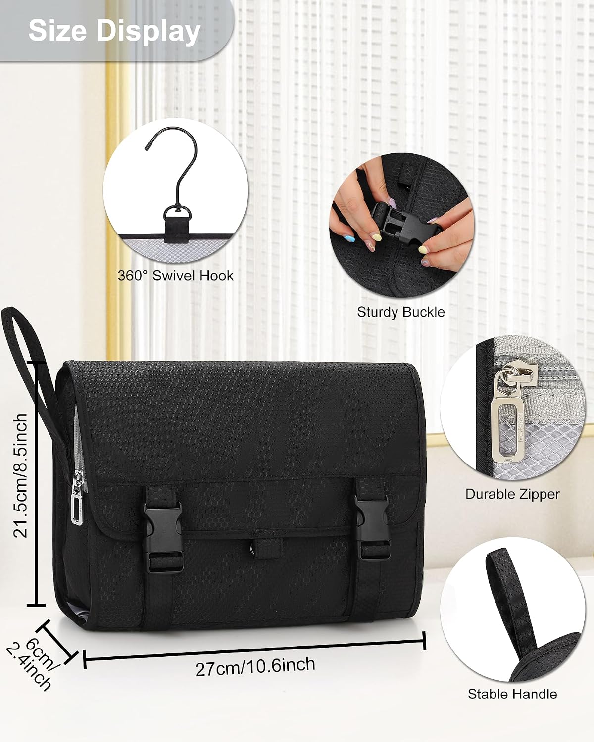 Travel Hanging Toiletry Bag for Men Women Travel Kit Shaving Bag Waterproof Large Makeup Bag Wash Bag Makeup Organizer Cosmetic Case for Bathroom Shower Black