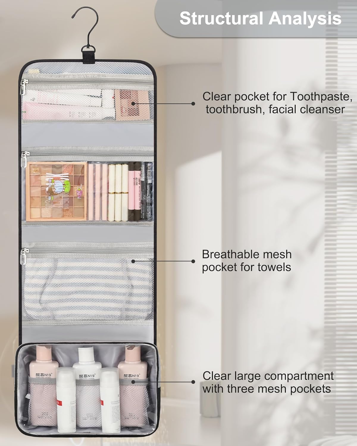Travel Hanging Toiletry Bag for Men Women Travel Kit Shaving Bag Waterproof Large Makeup Bag Wash Bag Makeup Organizer Cosmetic Case for Bathroom Shower Black
