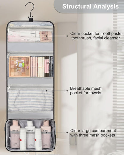 Travel Hanging Toiletry Bag for Men Women Travel Kit Shaving Bag Waterproof Large Makeup Bag Wash Bag Makeup Organizer Cosmetic Case for Bathroom Shower Black