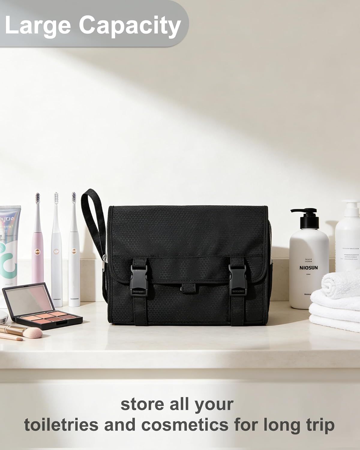Travel Hanging Toiletry Bag for Men Women Travel Kit Shaving Bag Waterproof Large Makeup Bag Wash Bag Makeup Organizer Cosmetic Case for Bathroom Shower Black