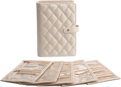 Faux Leather Jewelry Storage Case with 5 Detachable Pages, Tangle-Free Portable Jewelry Holder for Necklaces Rings Earrings Bracelets (Light-sensitive pink (with five-page cloth bag))