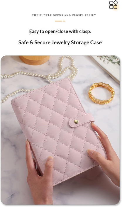 Faux Leather Jewelry Storage Case with 5 Detachable Pages, Tangle-Free Portable Jewelry Holder for Necklaces Rings Earrings Bracelets (Light-sensitive pink (with five-page cloth bag))