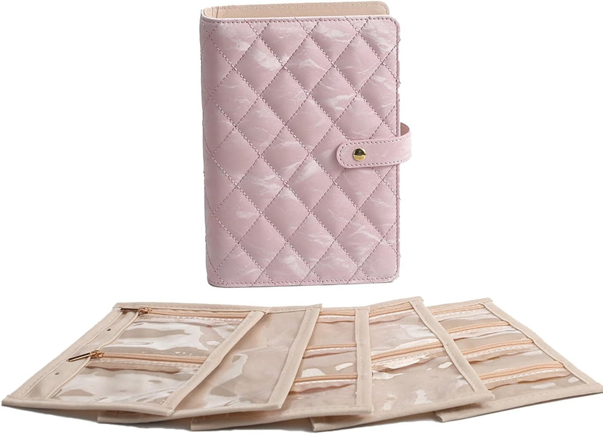Faux Leather Jewelry Storage Case with 5 Detachable Pages, Tangle-Free Portable Jewelry Holder for Necklaces Rings Earrings Bracelets (Light-sensitive pink (with five-page cloth bag))