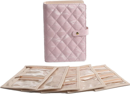 Faux Leather Jewelry Storage Case with 5 Detachable Pages, Tangle-Free Portable Jewelry Holder for Necklaces Rings Earrings Bracelets (Light-sensitive pink (with five-page cloth bag))