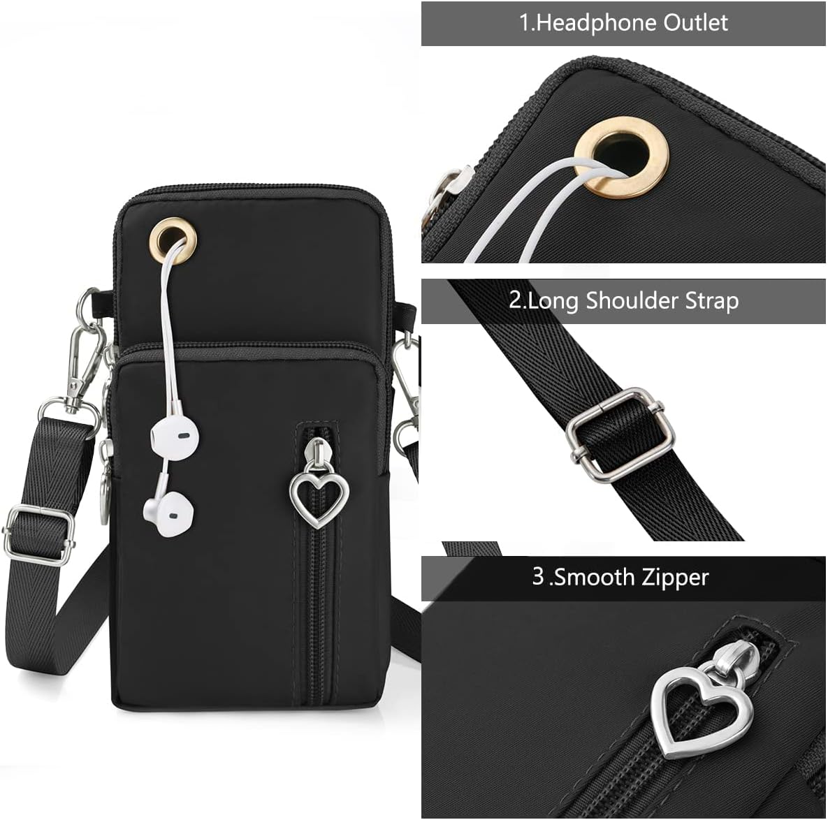 Small Crossbody Wallet Phone Bag, Nylon Cell Phone Purse, Travel Crossbody Bag Cell Phone Shoulder Bag Arm Bag Mini Wallet Purse, with Headphone Port (Black)