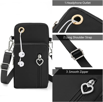Small Crossbody Wallet Phone Bag, Nylon Cell Phone Purse, Travel Crossbody Bag Cell Phone Shoulder Bag Arm Bag Mini Wallet Purse, with Headphone Port (Black)