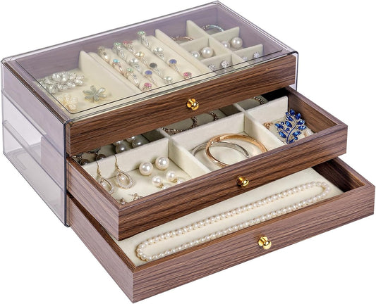 Wooden Jewelry Box for Women, 3-Layer Jewelry Organizers and Storage with 3 Drawers & Velvet Trays, Large Earring Holder, Necklace Ring Travel Case, Gift Box for Drawer, Wood