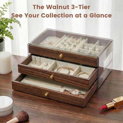 Wooden Jewelry Box for Women, 3-Layer Jewelry Organizers and Storage with 3 Drawers & Velvet Trays, Large Earring Holder, Necklace Ring Travel Case, Gift Box for Drawer, Wood