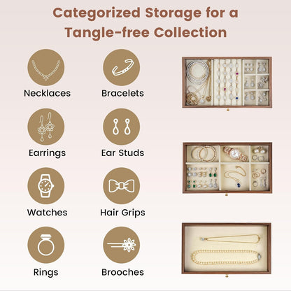 Wooden Jewelry Box for Women, 3-Layer Jewelry Organizers and Storage with 3 Drawers & Velvet Trays, Large Earring Holder, Necklace Ring Travel Case, Gift Box for Drawer, Wood