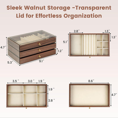 Wooden Jewelry Box for Women, 3-Layer Jewelry Organizers and Storage with 3 Drawers & Velvet Trays, Large Earring Holder, Necklace Ring Travel Case, Gift Box for Drawer, Wood
