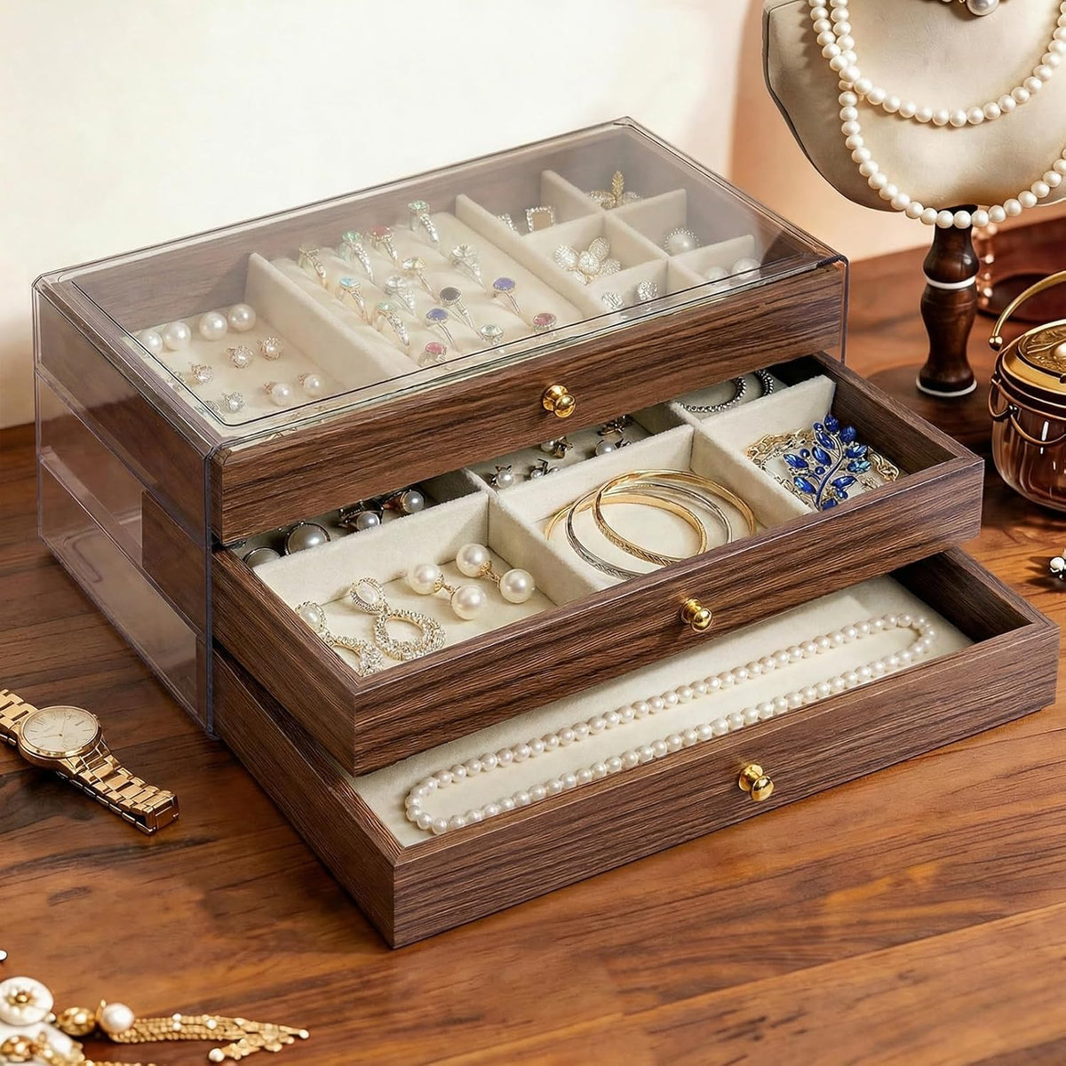 Wooden Jewelry Box for Women, 3-Layer Jewelry Organizers and Storage with 3 Drawers & Velvet Trays, Large Earring Holder, Necklace Ring Travel Case, Gift Box for Drawer, Wood