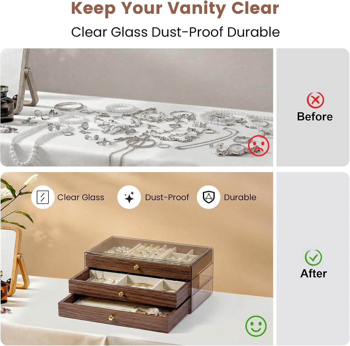 Wooden Jewelry Box for Women, 3-Layer Jewelry Organizers and Storage with 3 Drawers & Velvet Trays, Large Earring Holder, Necklace Ring Travel Case, Gift Box for Drawer, Wood