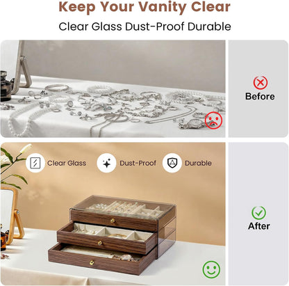 Wooden Jewelry Box for Women, 3-Layer Jewelry Organizers and Storage with 3 Drawers & Velvet Trays, Large Earring Holder, Necklace Ring Travel Case, Gift Box for Drawer, Wood