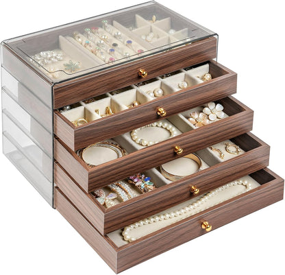 Wooden Jewelry Box for Women, 3-Layer Jewelry Organizers and Storage with 3 Drawers & Velvet Trays, Large Earring Holder, Necklace Ring Travel Case, Gift Box for Drawer, Wood