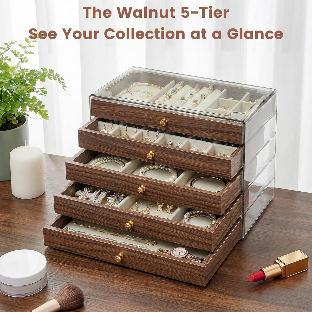 Wooden Jewelry Box for Women, 3-Layer Jewelry Organizers and Storage with 3 Drawers & Velvet Trays, Large Earring Holder, Necklace Ring Travel Case, Gift Box for Drawer, Wood