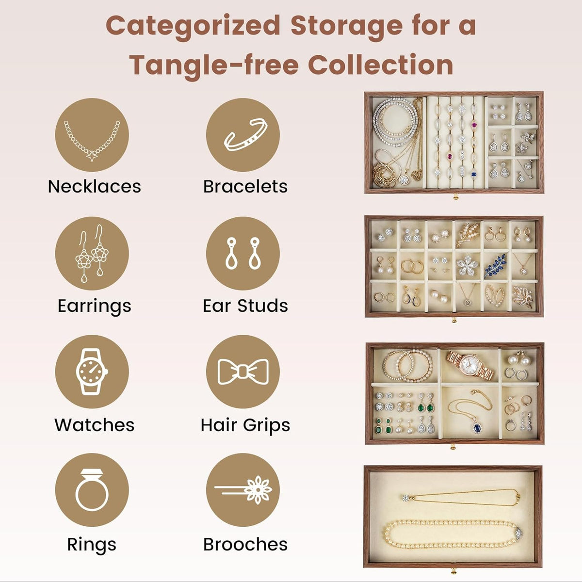 Wooden Jewelry Box for Women, 3-Layer Jewelry Organizers and Storage with 3 Drawers & Velvet Trays, Large Earring Holder, Necklace Ring Travel Case, Gift Box for Drawer, Wood