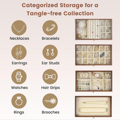 Wooden Jewelry Box for Women, 3-Layer Jewelry Organizers and Storage with 3 Drawers & Velvet Trays, Large Earring Holder, Necklace Ring Travel Case, Gift Box for Drawer, Wood