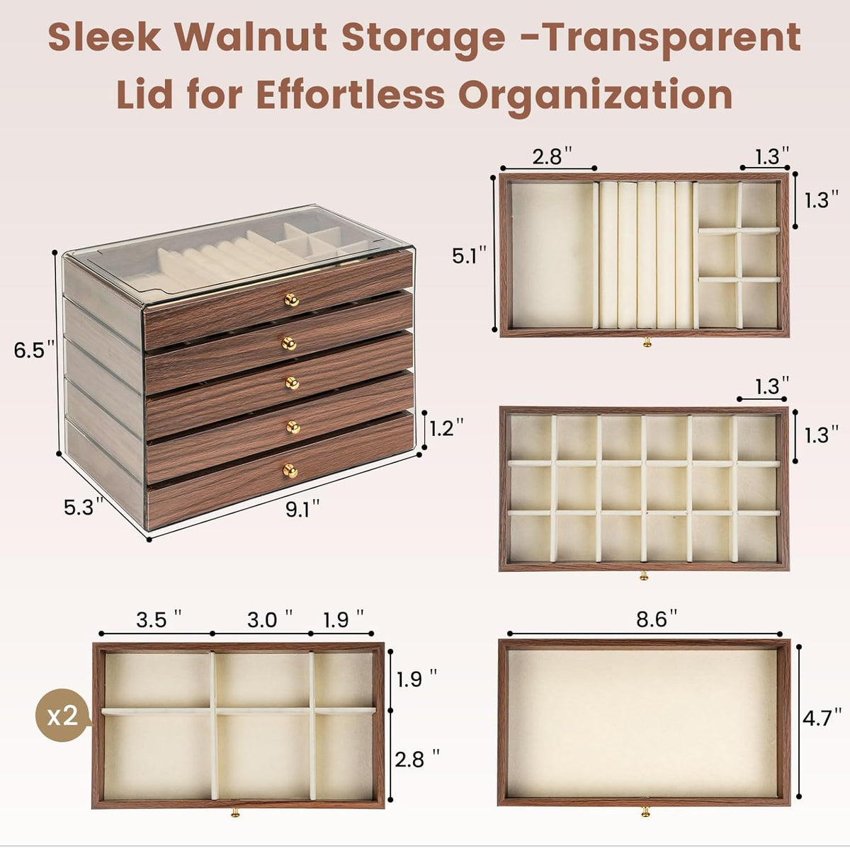 Wooden Jewelry Box for Women, 3-Layer Jewelry Organizers and Storage with 3 Drawers & Velvet Trays, Large Earring Holder, Necklace Ring Travel Case, Gift Box for Drawer, Wood