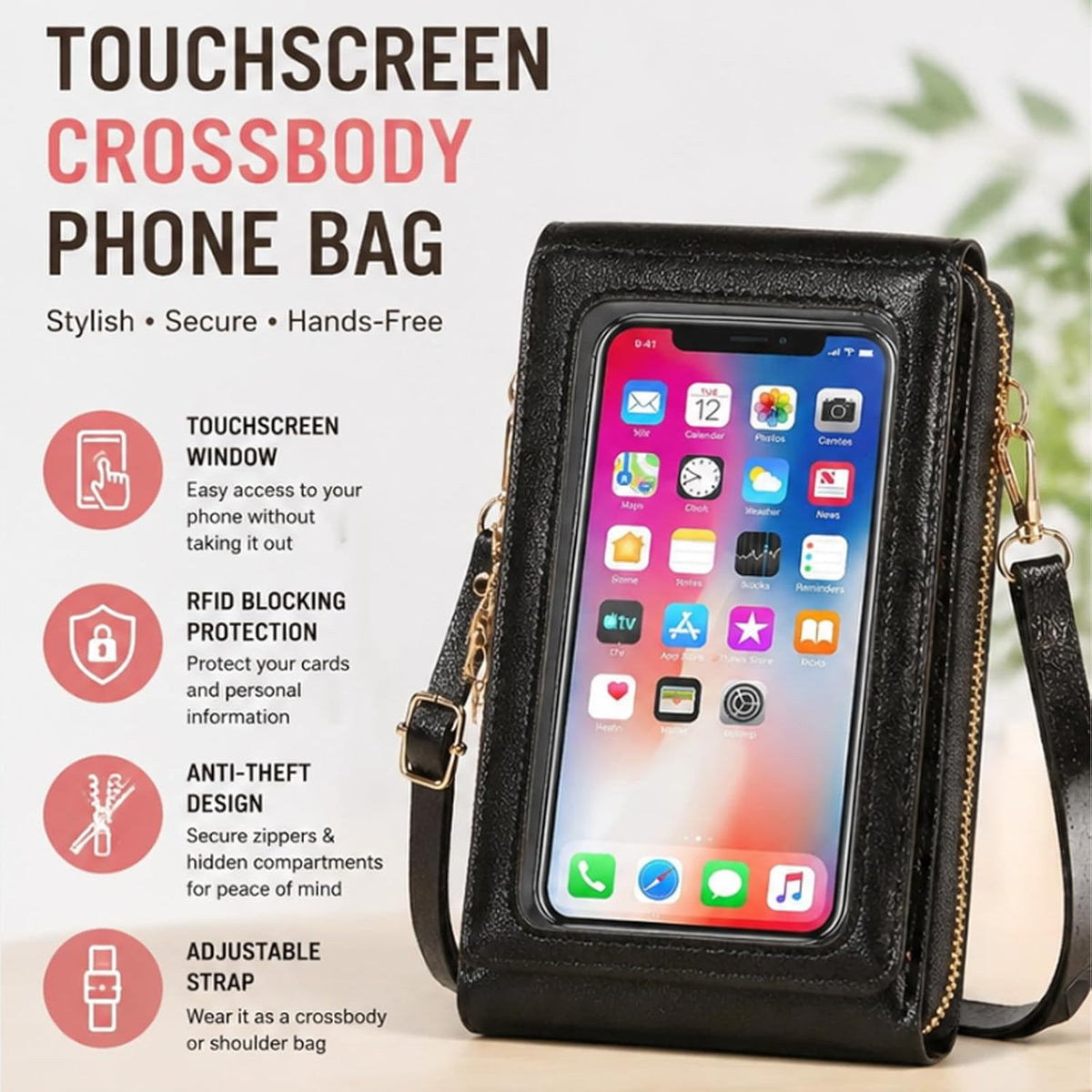 Small Touchscreen Phone Crossbody Bag – Anti-Theft Leather Messenger Bag for Women, Lightweight Travel Shoulder Purse
