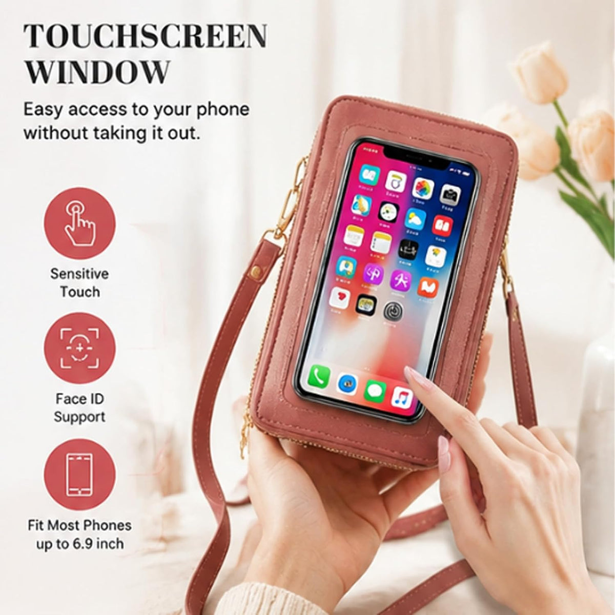 Small Touchscreen Phone Crossbody Bag – Anti-Theft Leather Messenger Bag for Women, Lightweight Travel Shoulder Purse
