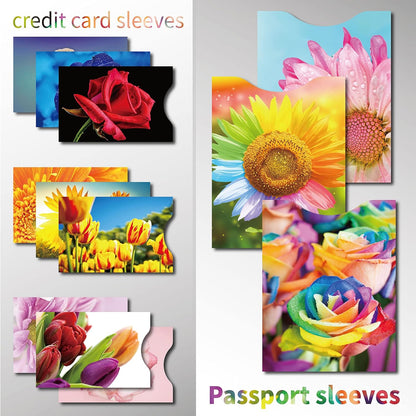 RFID Blocking Sleeves (9 Credit Card & 3 Passport Sleeves) - Anti RFID Identity Theft Protection, Beautiful Flowers Design