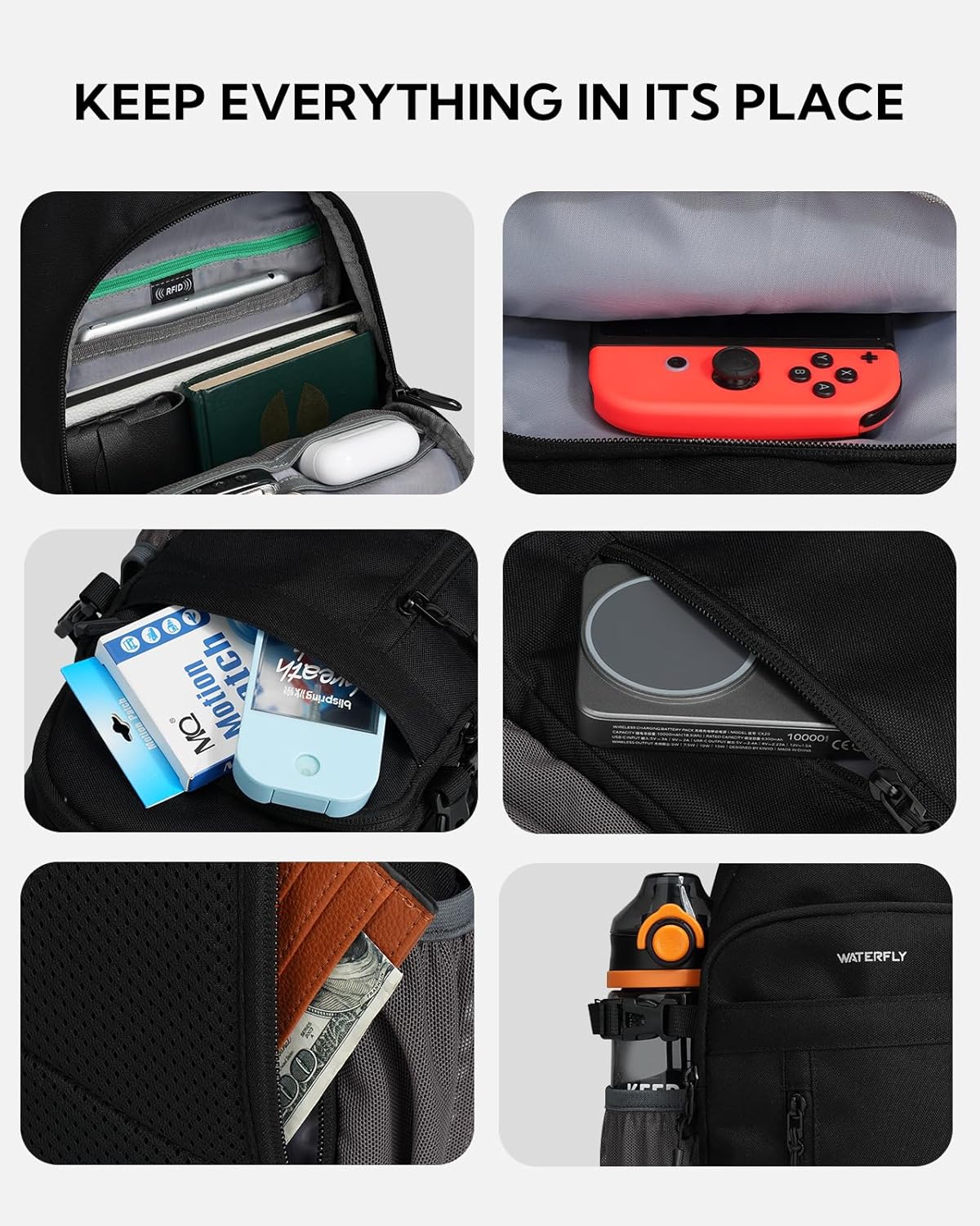 Small Crossbody Sling Bag: RFID Travel Hiking Daypack Man Woman | RFID-blocking,12 Multi-compartment pockets,Water-resistant,Adjustable shoulder strap with phone pocket,Durable nylon