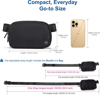 Two Way Zipper Fanny Pack Nylon Everywhere Belt Bag for Women, Water Repellent Waist Packs, Crossbody Bags with Adjustable Strap (Black).