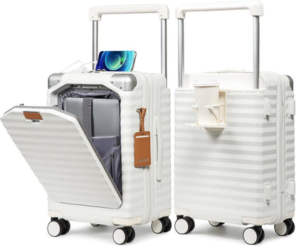 20 Inch Carry on Luggage with Front Pocket, PC Hardshell Carry-on Suitcase with USB Port and Cup Holder, 21.5x14.2x9 Airline Approved, Luggage with Spinner Wheels and TSA Lock (White)