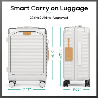 20 Inch Carry on Luggage with Front Pocket, PC Hardshell Carry-on Suitcase with USB Port and Cup Holder, 21.5x14.2x9 Airline Approved, Luggage with Spinner Wheels and TSA Lock (White)