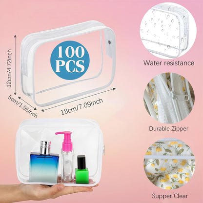 100 Pcs Clear Makeup Bags Bulk Graduation Dad Mon Gifts Bag Tsa Approved Toiletry Bag for Travel Transparent Cosmetic Bag PVC Waterproof Travel Small Pouches with Zipper for Men and Women(White)