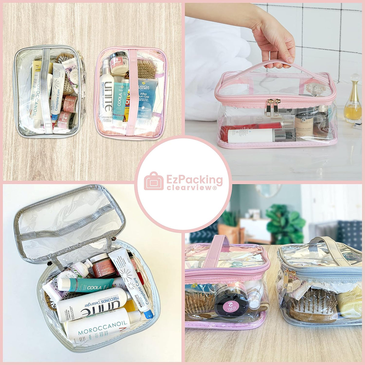 Large Cosmetic Bag for Women / Clear, See-Through Makeup, Hair & Nail Accessories Pouch for Travel or Home / Transparent PVC Plastic Organizer, Spacious Interior, Handle & Double Zippers (Blush)