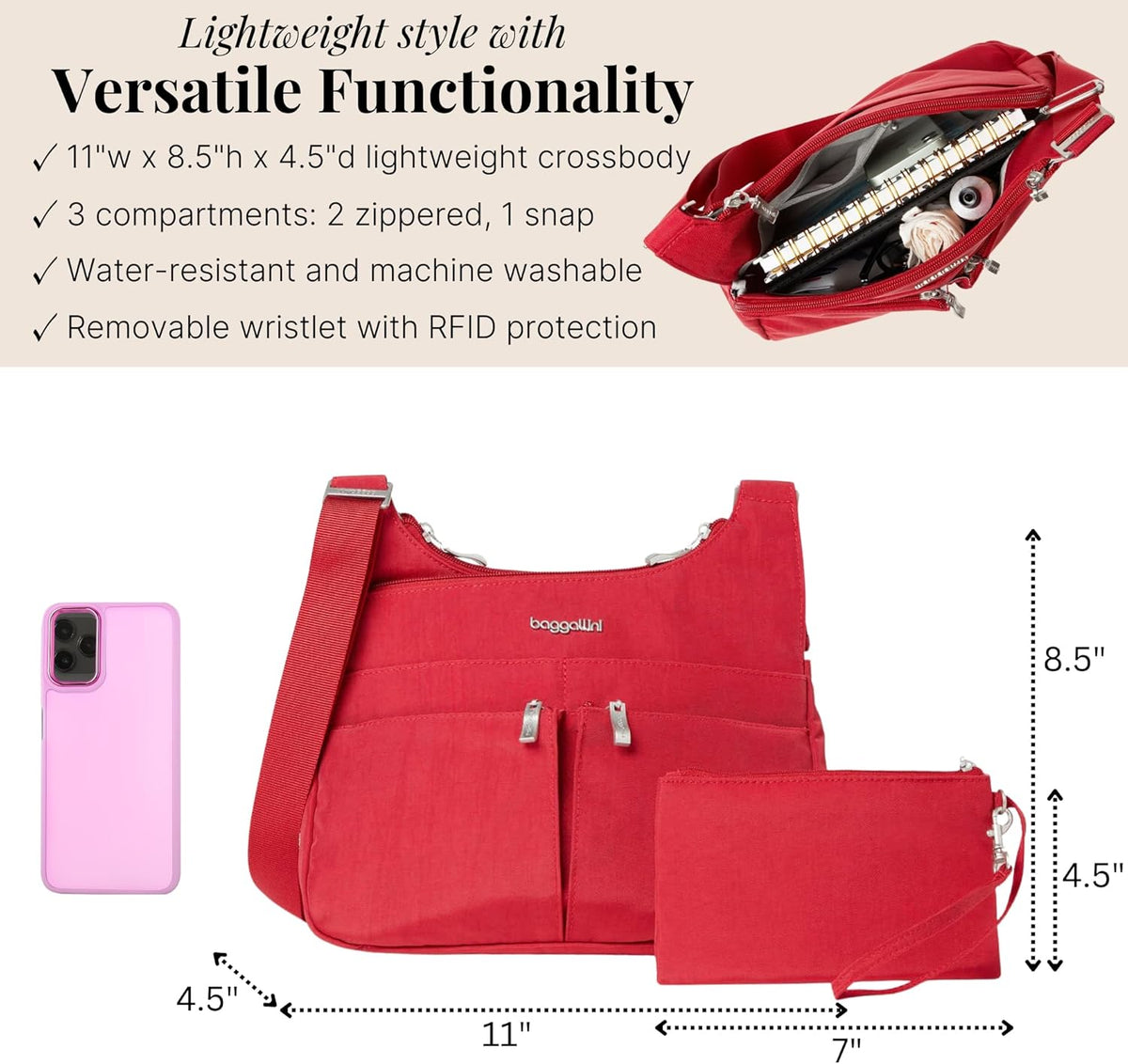 Crossbody Travel Bag 11x8.5 Lightweight Water-resistant Nylon Handbag