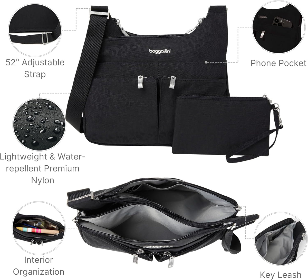 Crossbody Travel Bag 11x8.5 Lightweight Water-resistant Nylon Handbag