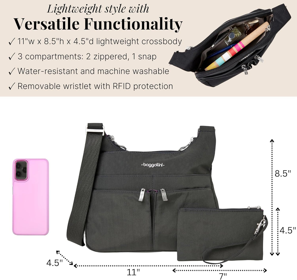 Crossbody Travel Bag 11x8.5 Lightweight Water-resistant Nylon Handbag