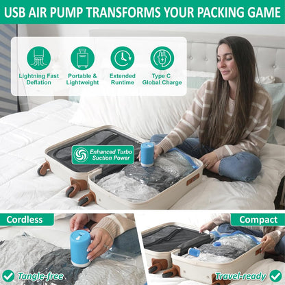 Travel Vacuum Storage Bags with Rechargeable Cordless USB Pump, Space Saver Bags for Luggage, Suitcase, Carry-On, for Clothes, Blankets, Bedding & Seasonal Storage,12 Combo