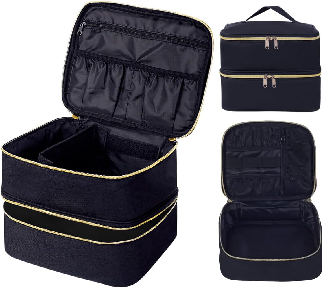 Double Layer Makeup Bag Portable Large Cosmetic Case Organizer with Adjustable Dividers Storage Travel Bag for Accessories Brushes Conditioner and Skin Care Products (Black)