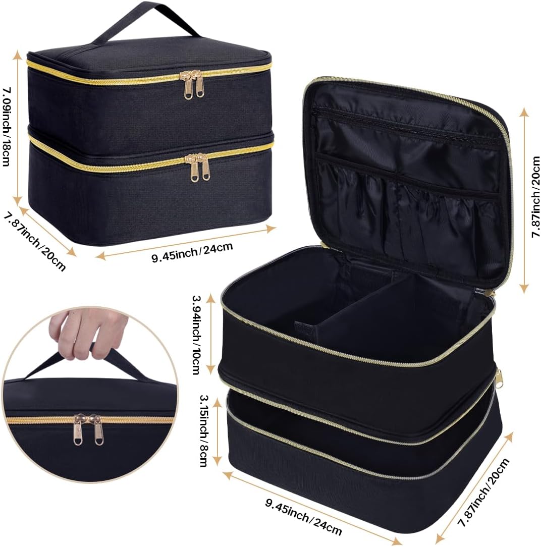 Double Layer Makeup Bag Portable Large Cosmetic Case Organizer with Adjustable Dividers Storage Travel Bag for Accessories Brushes Conditioner and Skin Care Products (Black)