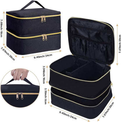 Double Layer Makeup Bag Portable Large Cosmetic Case Organizer with Adjustable Dividers Storage Travel Bag for Accessories Brushes Conditioner and Skin Care Products (Black)