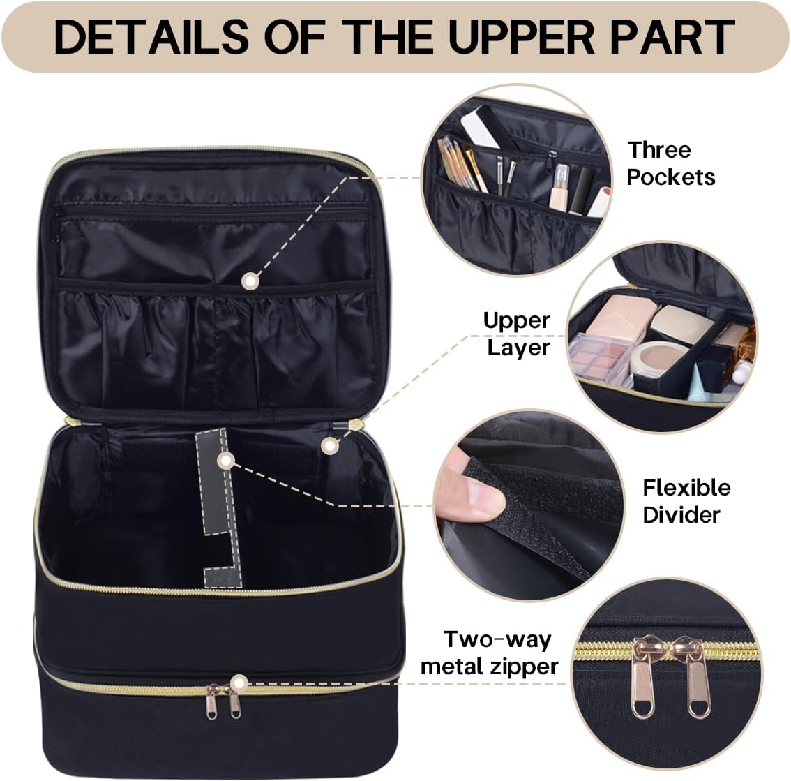 Double Layer Makeup Bag Portable Large Cosmetic Case Organizer with Adjustable Dividers Storage Travel Bag for Accessories Brushes Conditioner and Skin Care Products (Black)