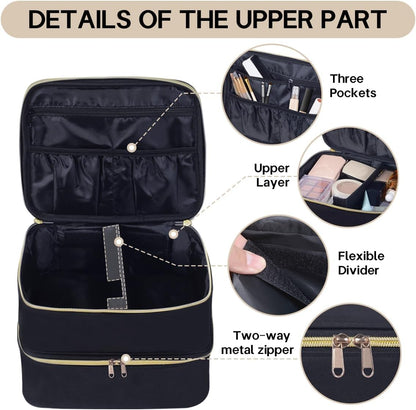 Double Layer Makeup Bag Portable Large Cosmetic Case Organizer with Adjustable Dividers Storage Travel Bag for Accessories Brushes Conditioner and Skin Care Products (Black)