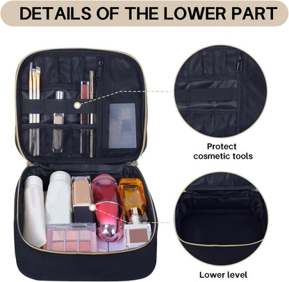 Double Layer Makeup Bag Portable Large Cosmetic Case Organizer with Adjustable Dividers Storage Travel Bag for Accessories Brushes Conditioner and Skin Care Products (Black)