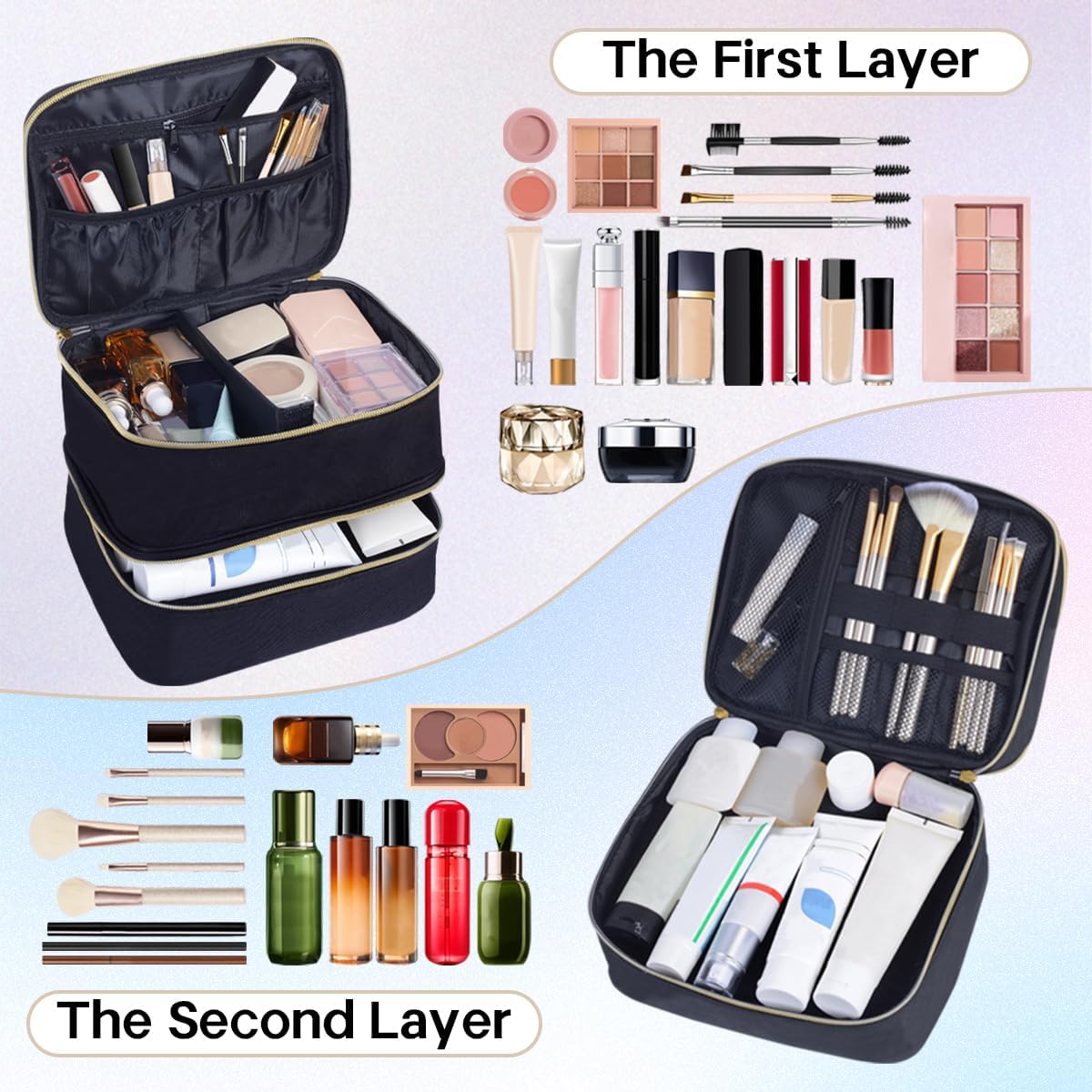 Double Layer Makeup Bag Portable Large Cosmetic Case Organizer with Adjustable Dividers Storage Travel Bag for Accessories Brushes Conditioner and Skin Care Products (Black)